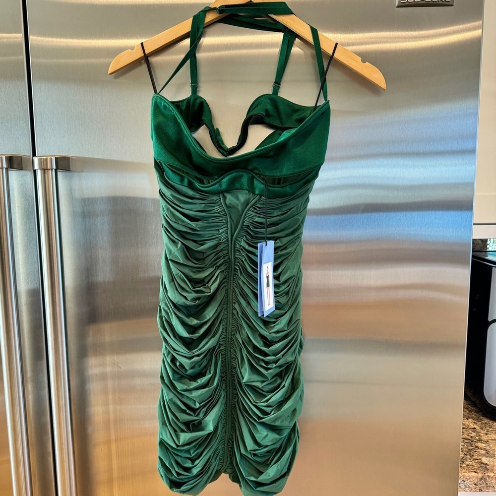 NWT Mugler Mini Dress in Emerald British Green Ruched Knit Stretch